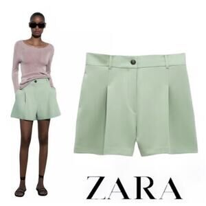 Zara High-Rise Pleated Light Green Shorts-Size S